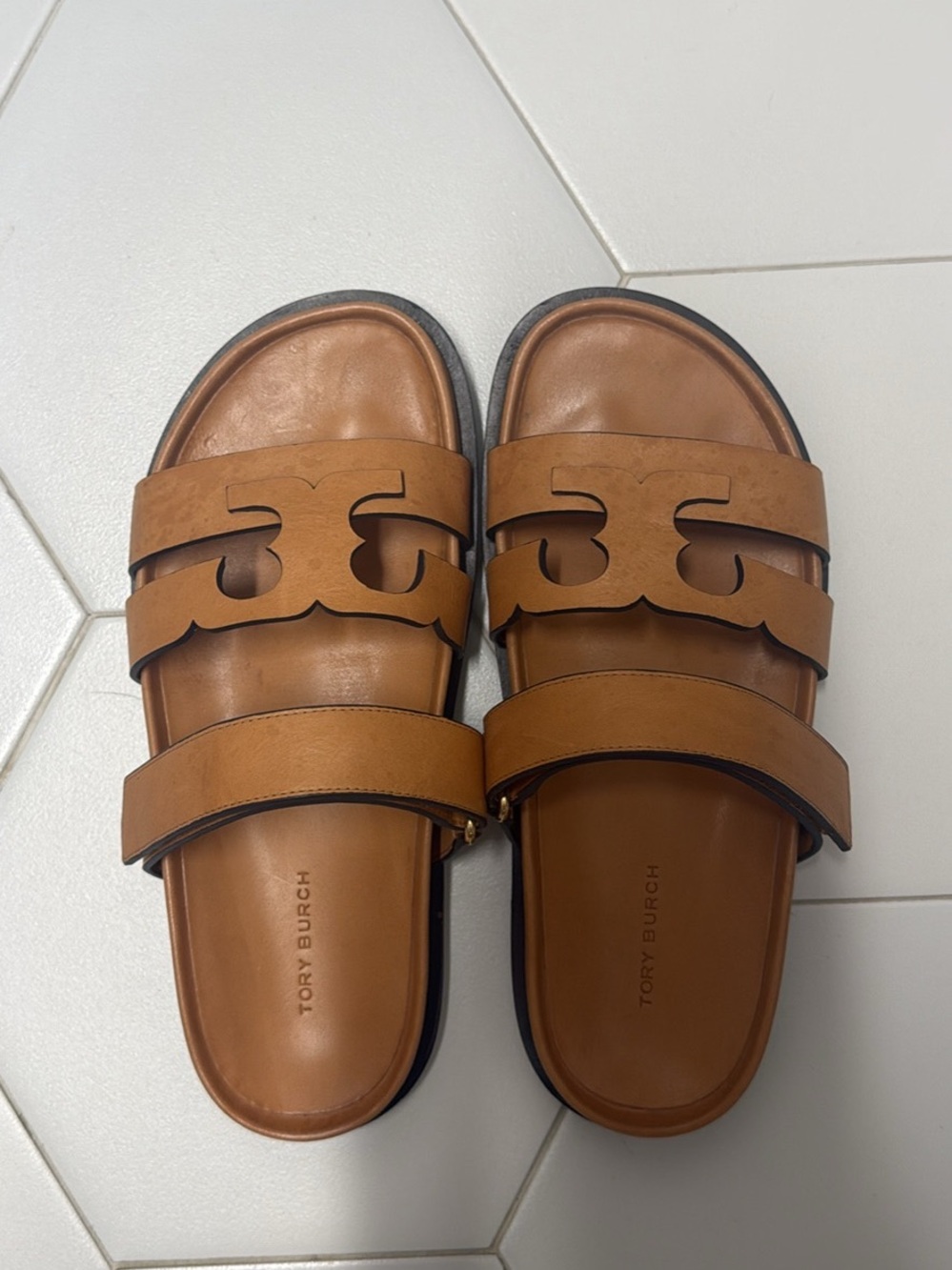 Tory Burch Men's Cognac Leather Double-Strap Slide Sandals